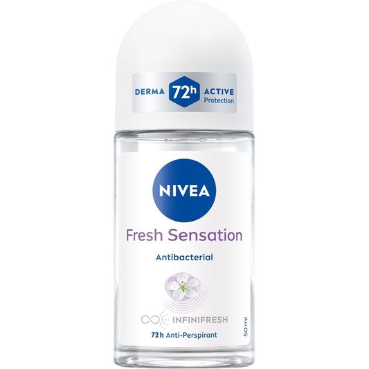 Nivea Fresh Sensation 72h anti-perspirant roll-on deodorant in 50ml bottle, featuring clear liquid formula with blue cap.