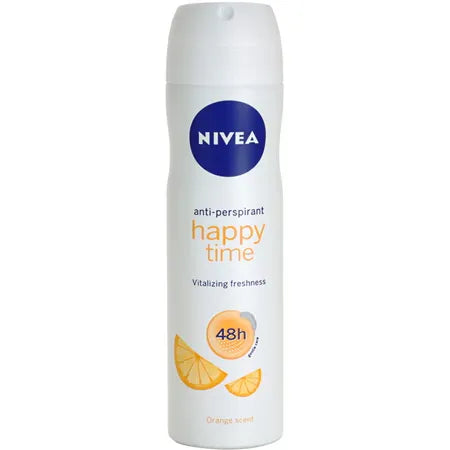 Nivea Happy Time 48h anti-perspirant deodorant spray for women in 150ml bottle, with blue and white packaging.