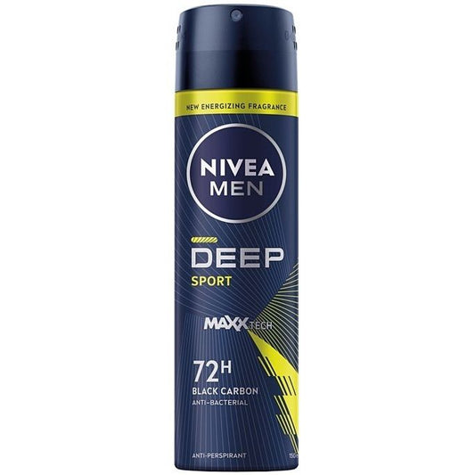 NIVEA MEN DEEP Sport MaxxTech 72h anti-perspirant spray in 150ml bottle with black carbon formula and anti-bacterial properties.