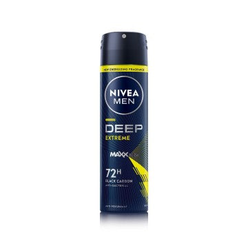 NIVEA MEN Deep Sport MaxxTech 72h antiperspirant spray in 150ml bottle, designed for men’s deodorant and anti-perspirant use