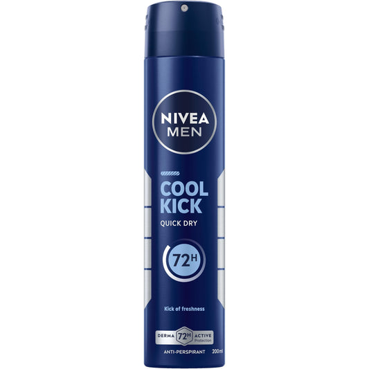 NIVEA MEN Cool Kick deodorant spray for men, 200ml, with fresh scent and 72-hour anti-perspirant protection, in a spray bottle.