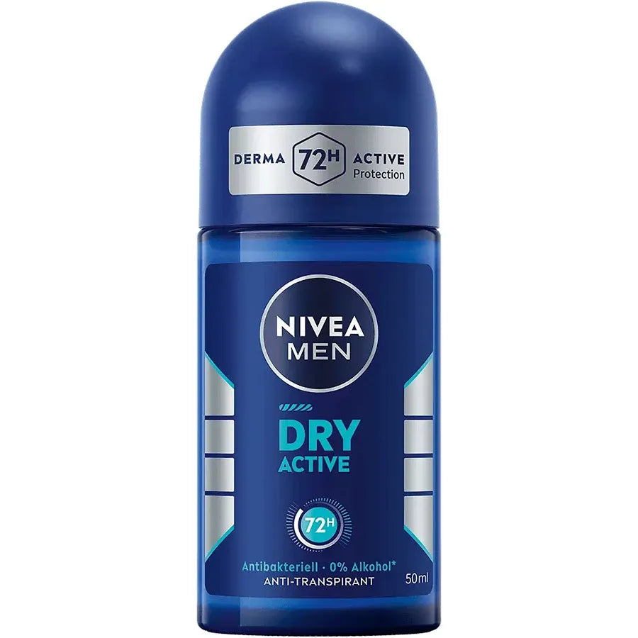 NIVEA MEN Dry Active 72h anti-perspirant roll-on deodorant with antibacterial protection and long-lasting dryness in a 50ml bottle