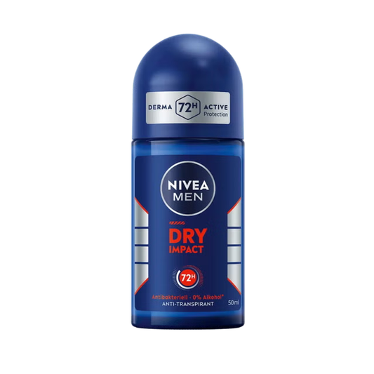 Nivea Men Dry Impact Anti-Perspirant Roll-On 50ml deodorant with 72-hour protection, shown in a clear image.