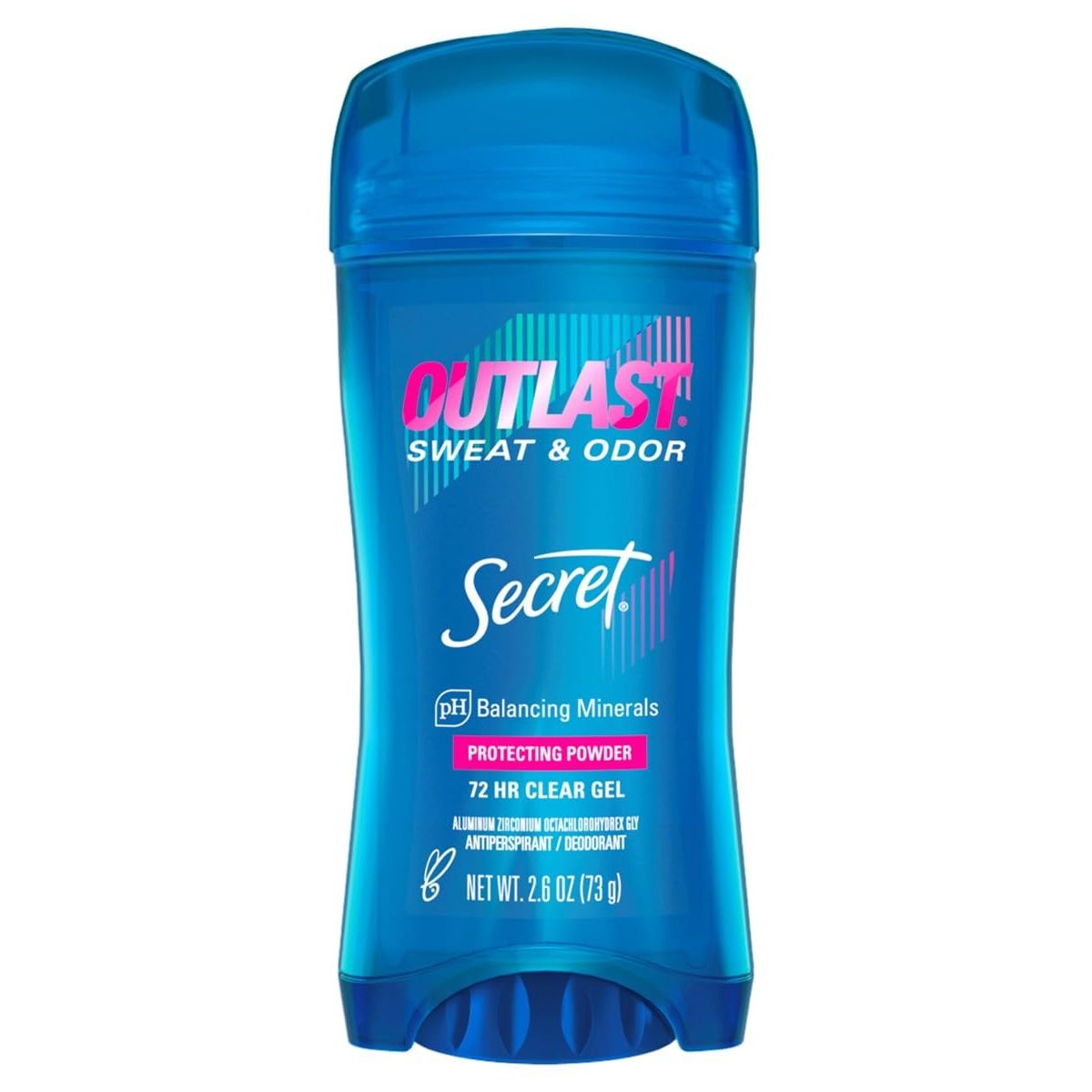 Secret Outlast women’s clear gel antiperspirant deodorant with protecting powder, 2.6 oz, in a transparent container