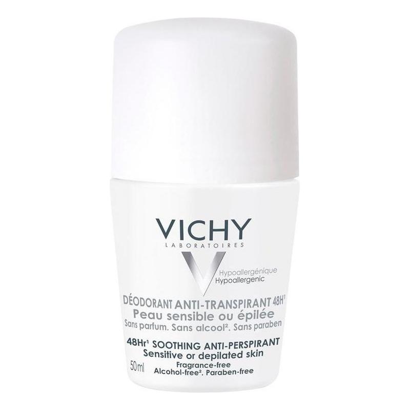 Vichy Deodorant Anti-perspirant Sensitive 48 Hour in 50ml bottle, gentle formula for sensitive skin, from Pasteur Pharmacy.