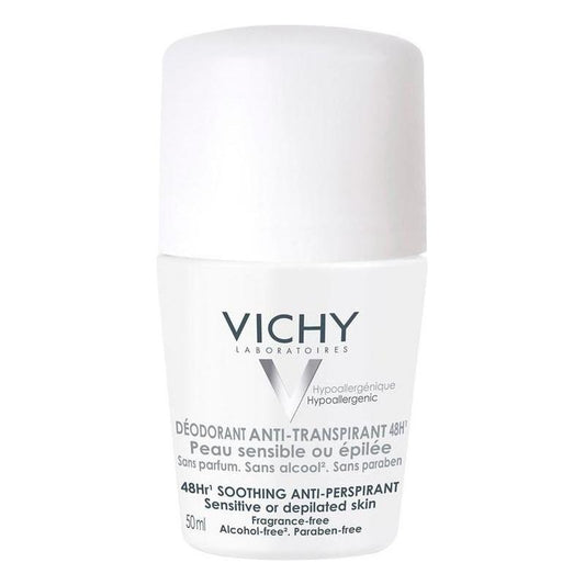 Vichy Deodorant Anti-perspirant Sensitive 48 Hour in 50ml bottle, gentle formula for sensitive skin, from Pasteur Pharmacy.