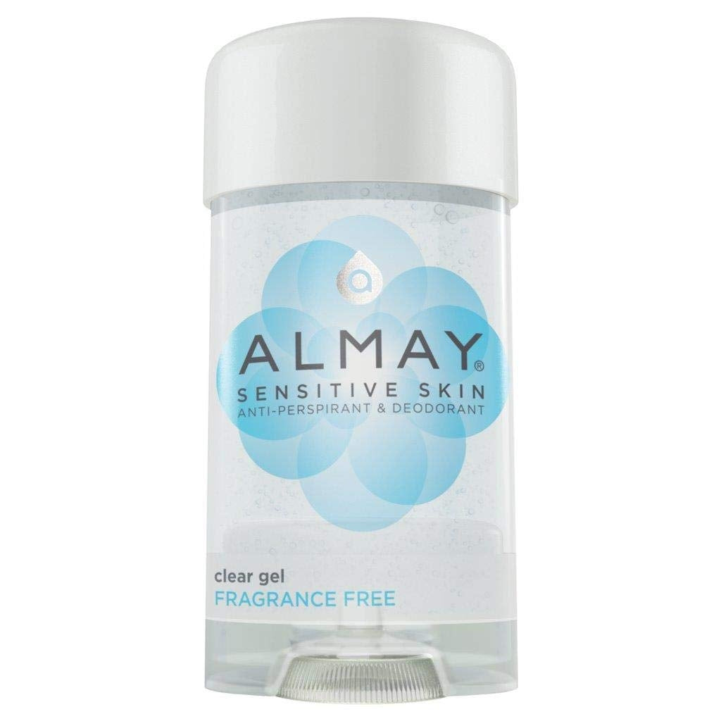 Almay Sensitive Skin Clear Gel Deodorant in fragrance-free formula, displayed with the deodorant stick and packaging.
