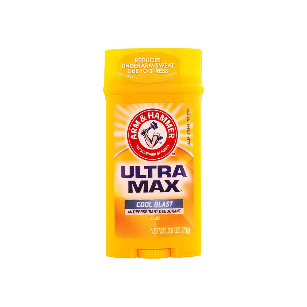 Arm & Hammer Ultra Max Invisible Solid Antiperspirant Deodorant in Cool Blast scent, shown in its packaging.