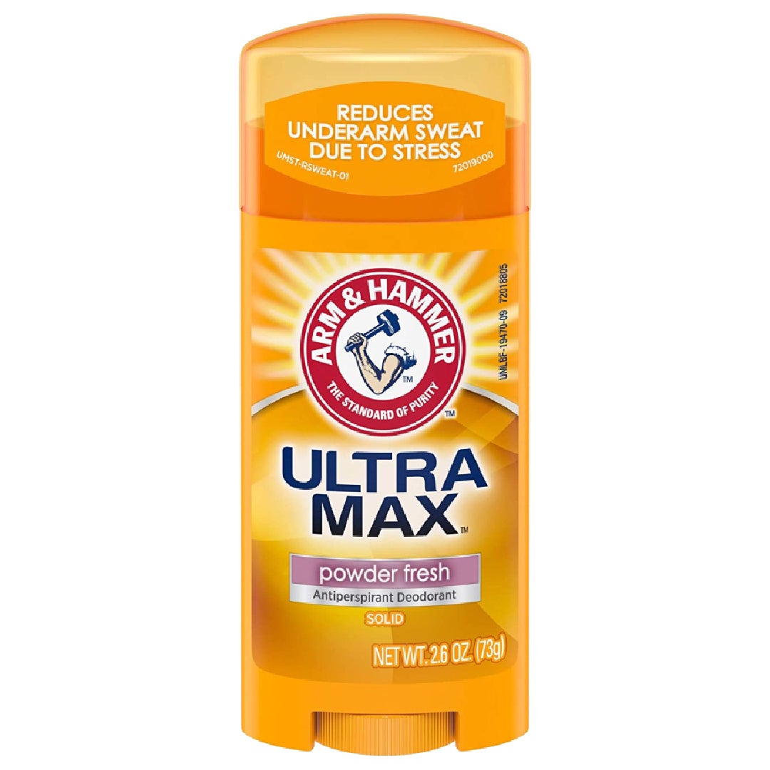 Arm & Hammer Ultra Max Antiperspirant Deodorant in Powder Fresh scent, invisible solid stick, 2.6 oz, shown in packaging.