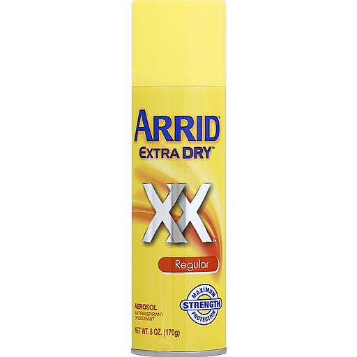 Arrid Extra Dry XX aerosol antiperspirant deodorant can featuring a white spray bottle with blue accents and product label.