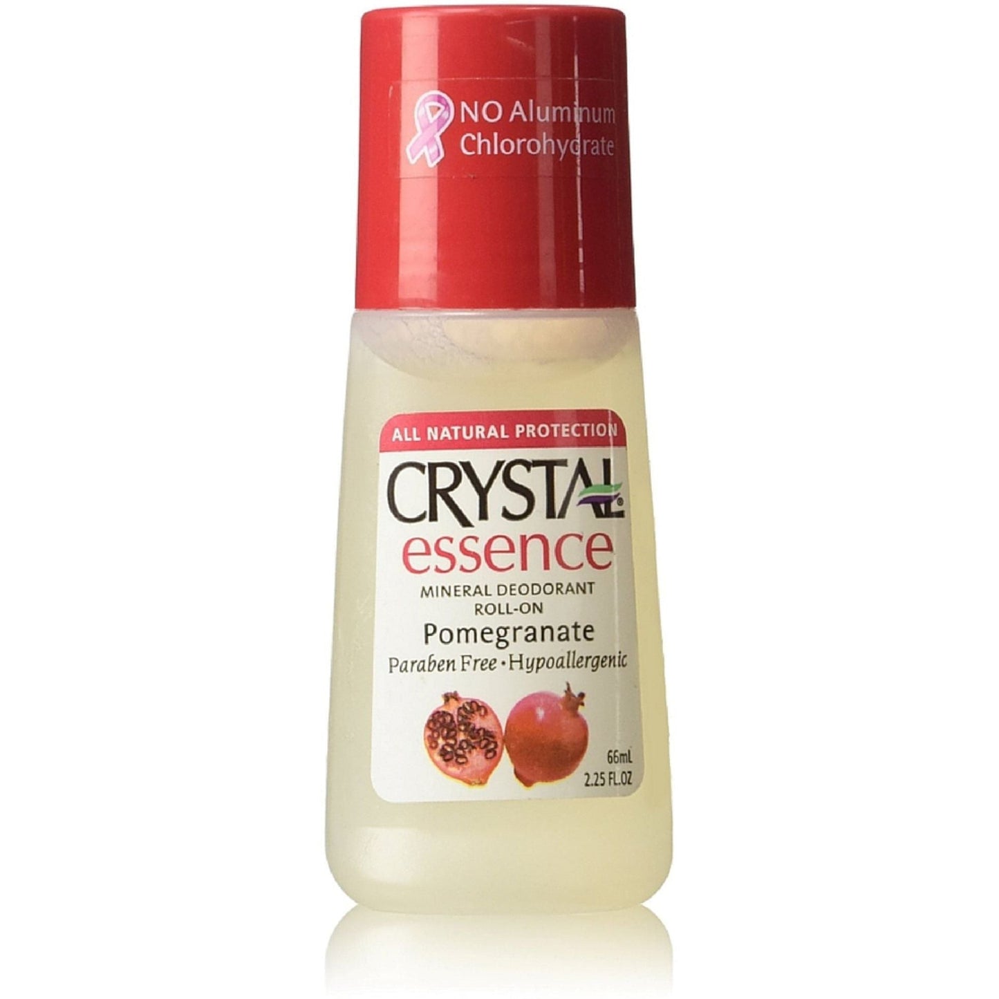 Crystal Essence Mineral Deodorant Roll-On Pomegranate by Pasteur Pharmacy, 2.25 fl oz, with a clear roll-on applicator and pomegranate scent.