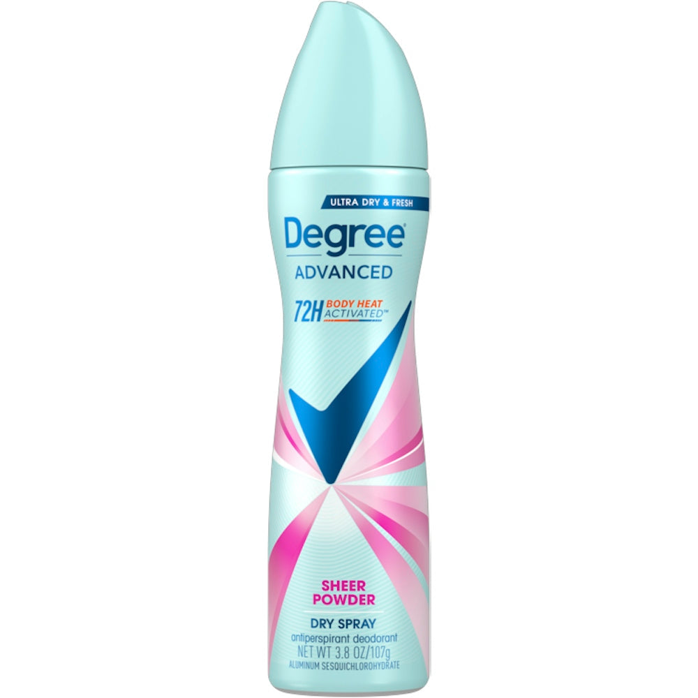 Degree antiperspirant deodorant Sheer Powder dry spray in 3.8 oz bottle, natural application for freshness and odor protection