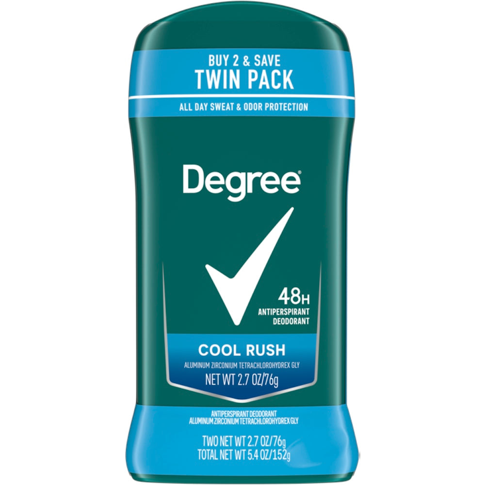 Degree Men Dry Protection Antiperspirant Deodorant Cool Rush twin pack by Pasteur Pharmacy, showing two deodorant sticks with blue packaging.