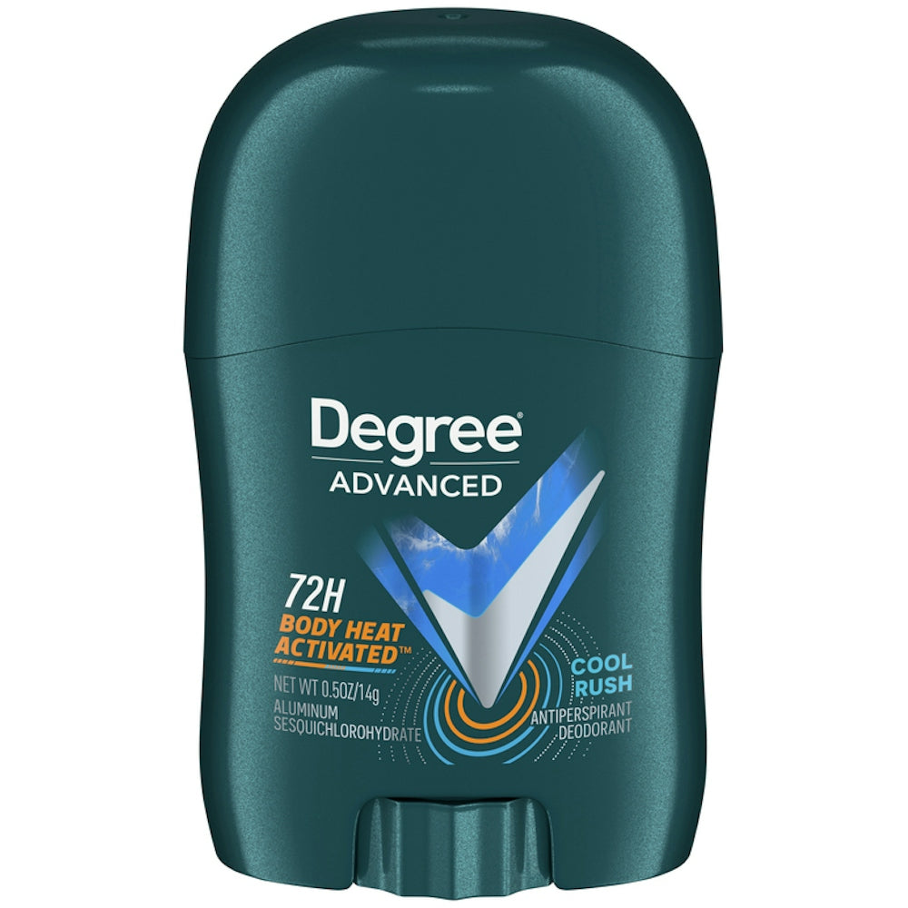 Degree Men Original Protection Cool Rush antiperspirant deodorant in 0.5 oz travel size, with a sleek container and blue accents.