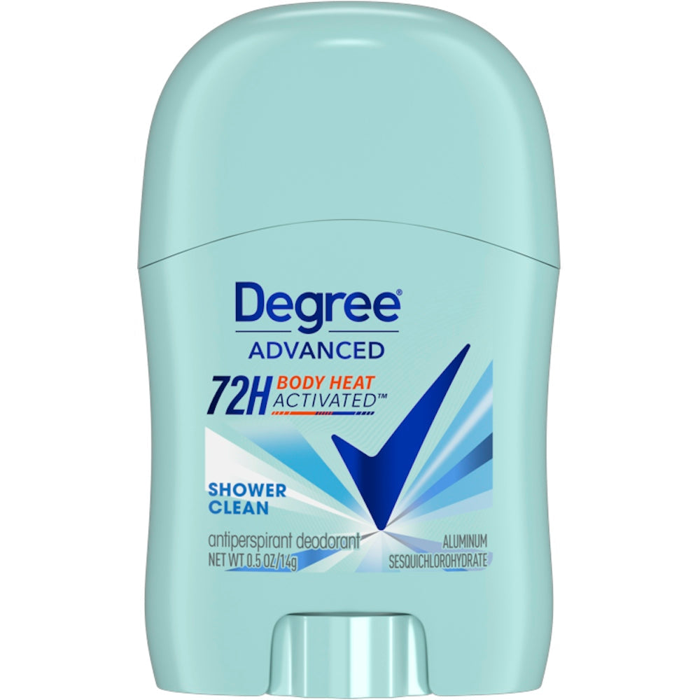 Degree Shower Clean antiperspirant deodorant stick in 0.5 oz container, featuring a white and blue packaging design.