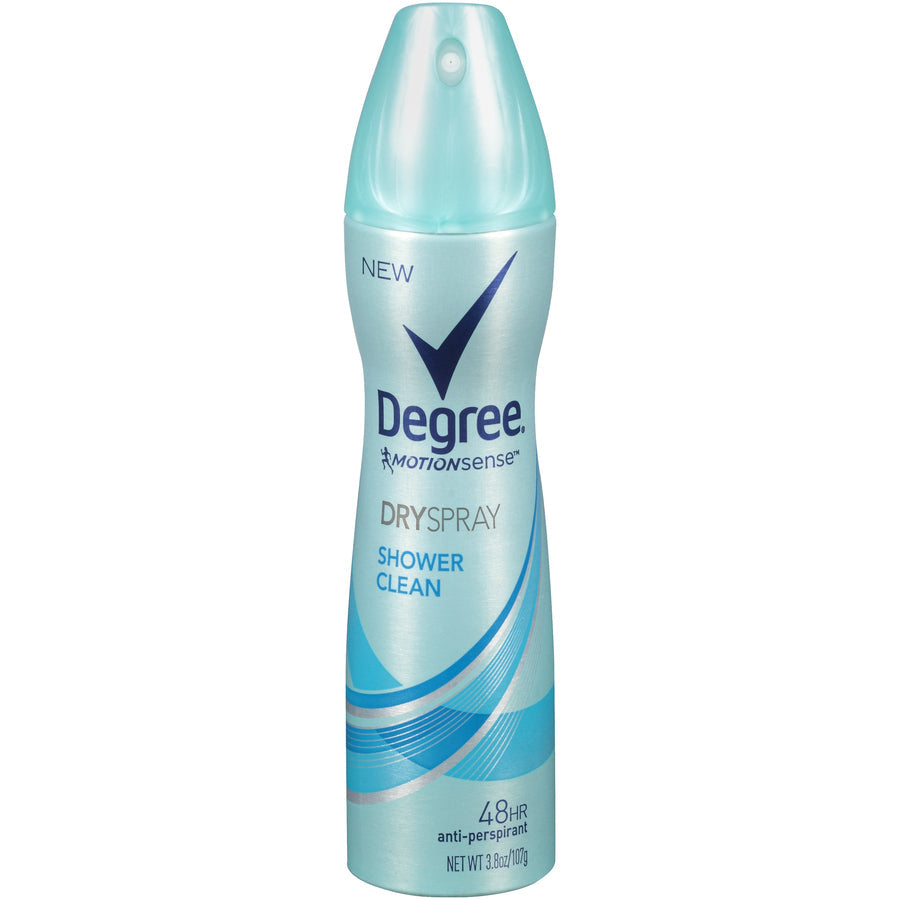 Degree Women Antiperspirant Deodorant Dry Spray in Shower Clean scent, 3.8 oz, with a sleek aerosol can.