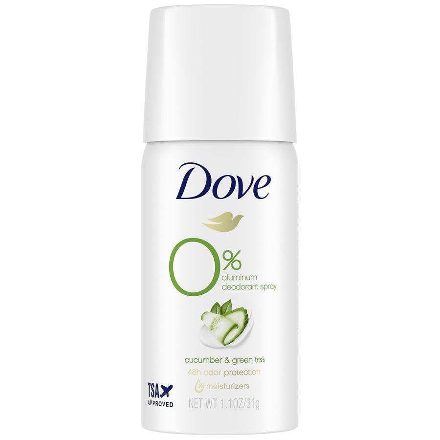 Dove 0% aluminum deodorant spray with cucumber and green tea in a travel size bottle, natural scent, designed for freshness.