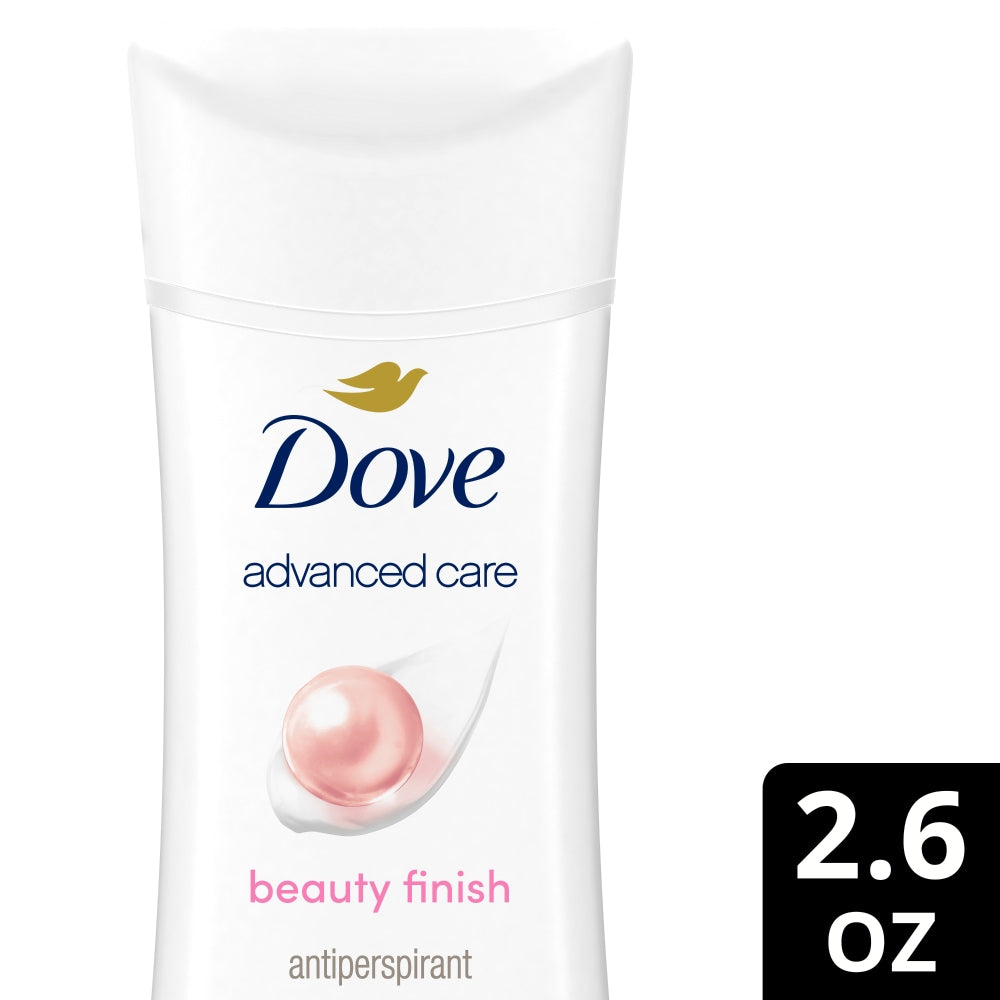 Dove Advanced Care Antiperspirant Deodorant Stick with beauty finish, natural white container, designed for effective odor and sweat protection.
