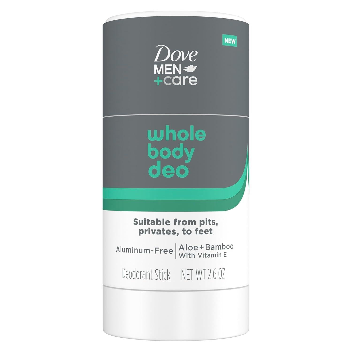 Dove Men+Care Aloe & Bamboo deodorant stick, 2.6oz, natural scent, provides all-day freshness and odor protection.