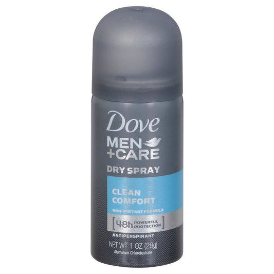 Dove Men+Care Dry Spray Antiperspirant Deodorant in Clean Comfort scent, shown in a sleek spray bottle.
