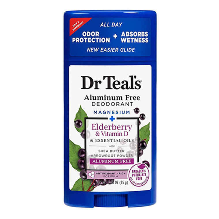 Dr. Teal's aluminum-free elderberry and vitamin D deodorant stick, 2.65 oz, with natural ingredients and fresh packaging.