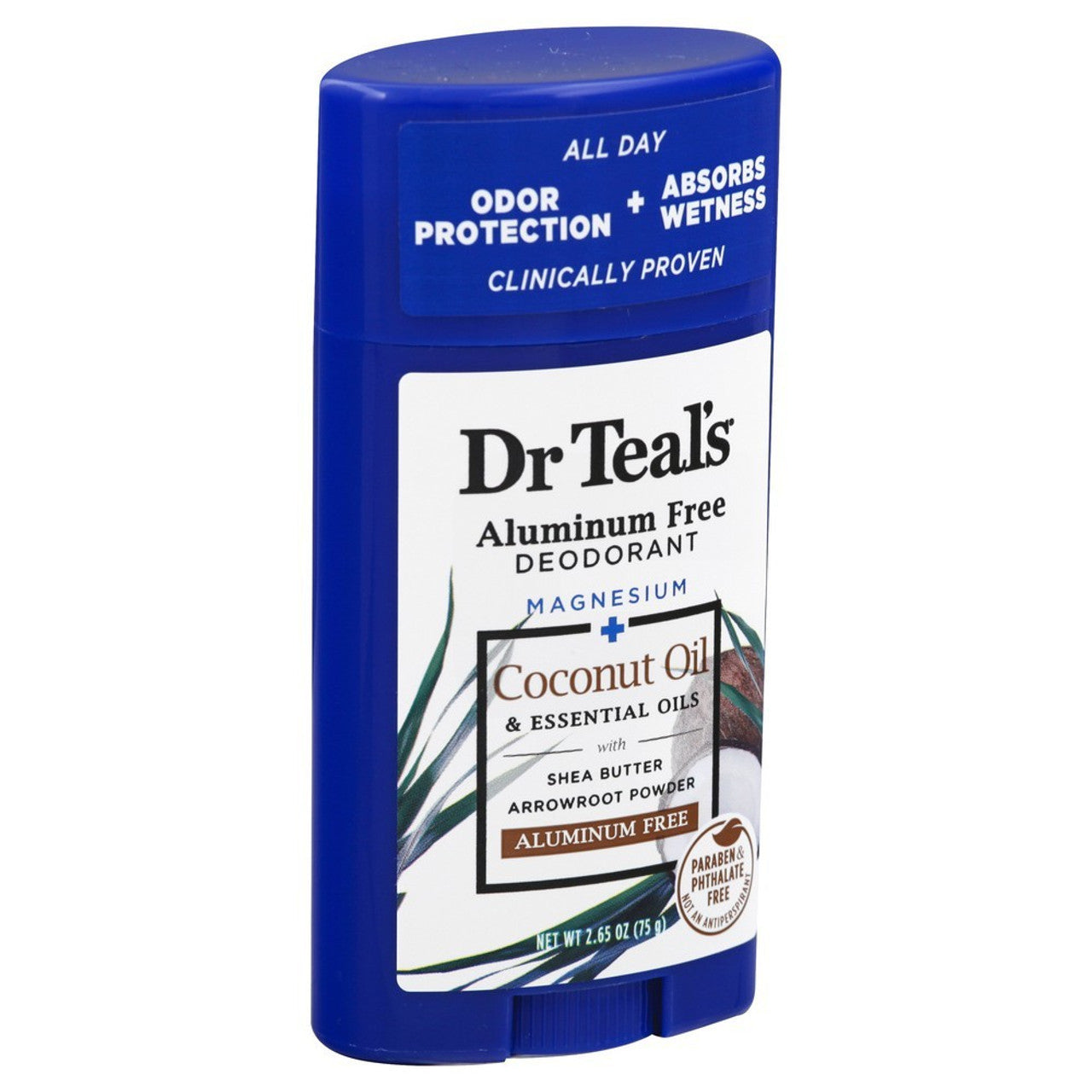 Dr Teal's Coconut Oil aluminum-free deodorant in 2.65 oz stick, featuring natural coconut oil scent and smooth application.