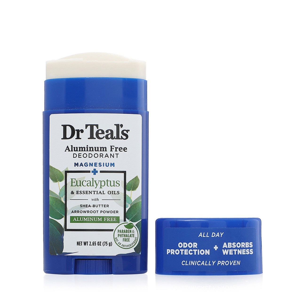 Dr Teal's aluminum-free eucalyptus deodorant in a 2.65 oz stick, natural odor protection from Pasteur Pharmacy.