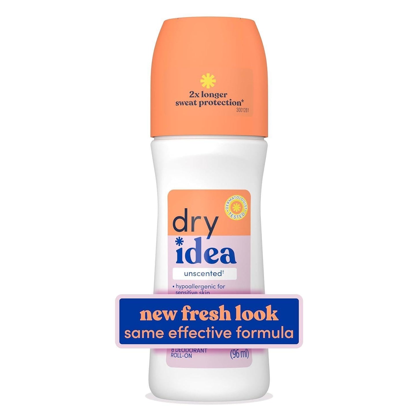 Dry Idea Advance Roll-On Unscented Antiperspirant and Deodorant in 3.25 oz bottle, clear liquid with a white cap.