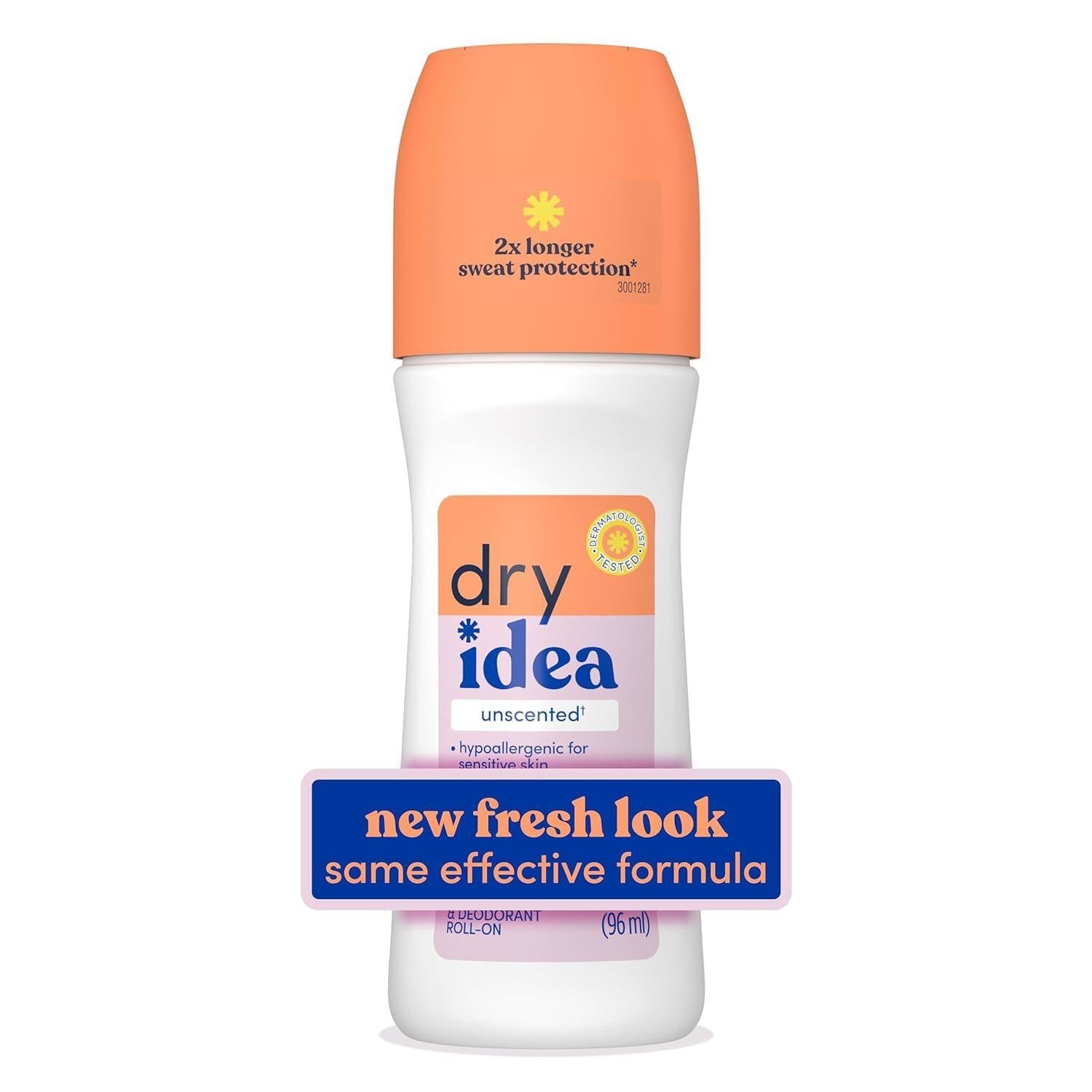 Dry Idea Advance Roll-On Unscented Antiperspirant and Deodorant in 3.25 oz bottle, clear liquid with a white cap.