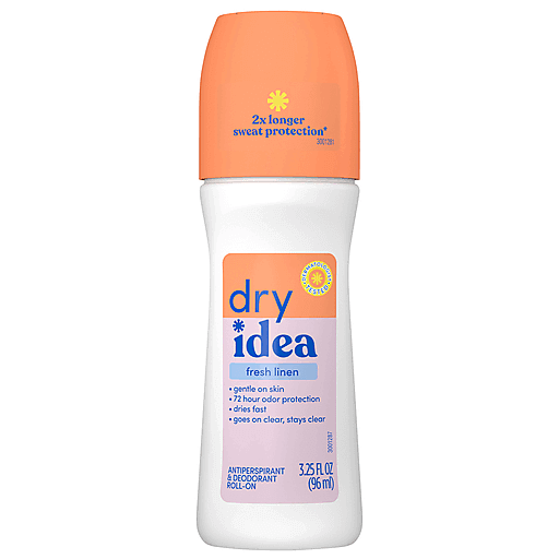 Dry Idea Antiperspirant and Deodorant roll-on in Powder Fresh scent, 3.25 fl oz, by Pasteur Pharmacy, with a smooth application.