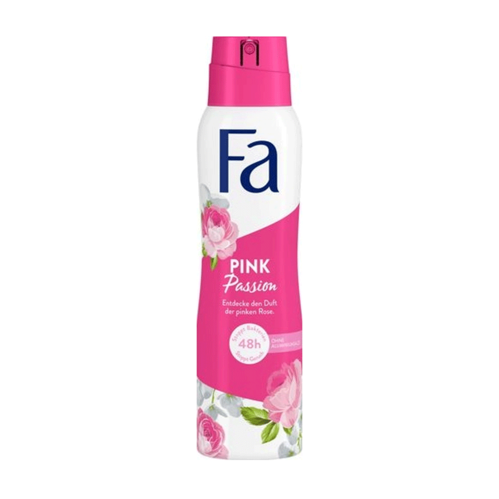Pink Passion Fa deodorant spray for women in 150ml bottle by Pasteur Pharmacy, showcasing the vibrant pink packaging.