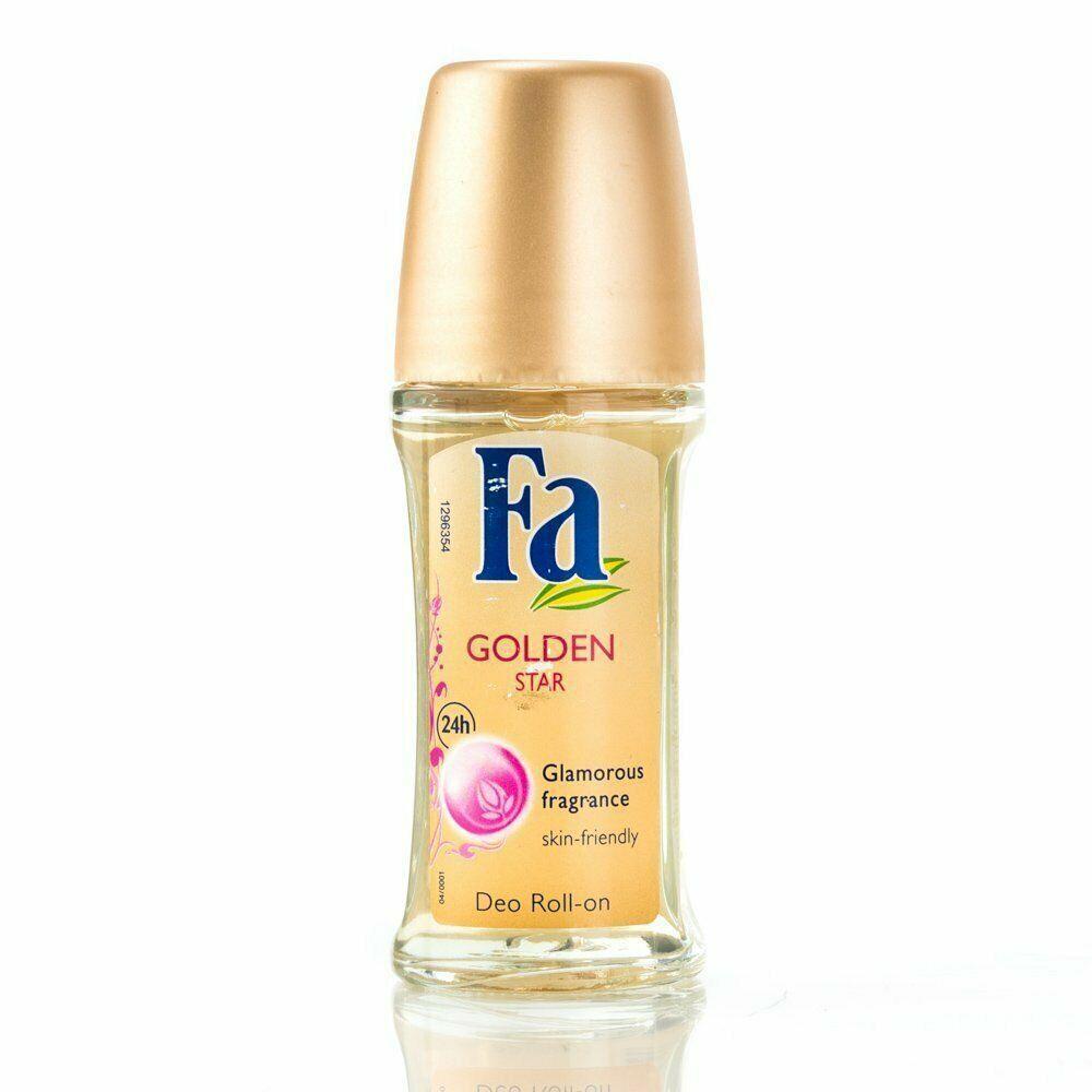 Fa Golden Star Roll-On Deodorant 50ml from Pasteur Pharmacy, clear glass bottle with gold-colored cap and label.