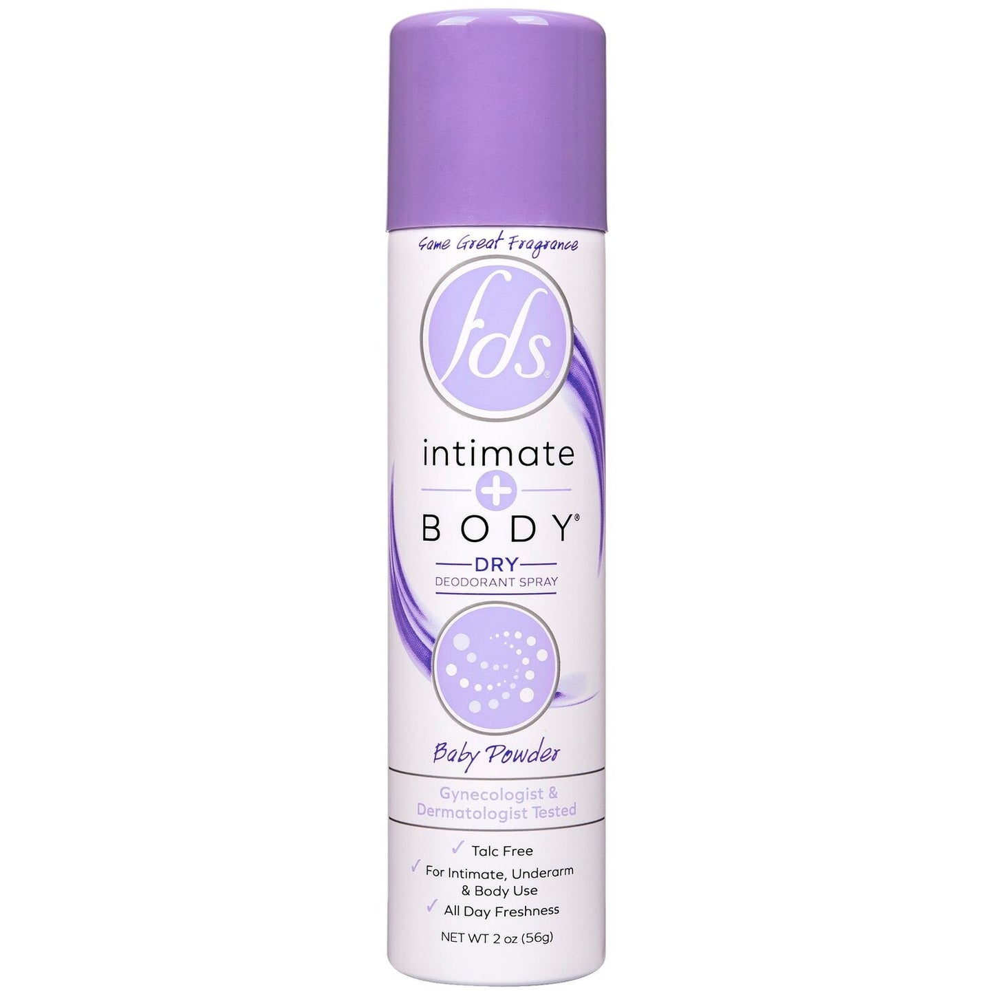 FDS Feminine Deodorant Spray in 2 oz bottle with baby powder scent, designed for feminine freshness and odor control.