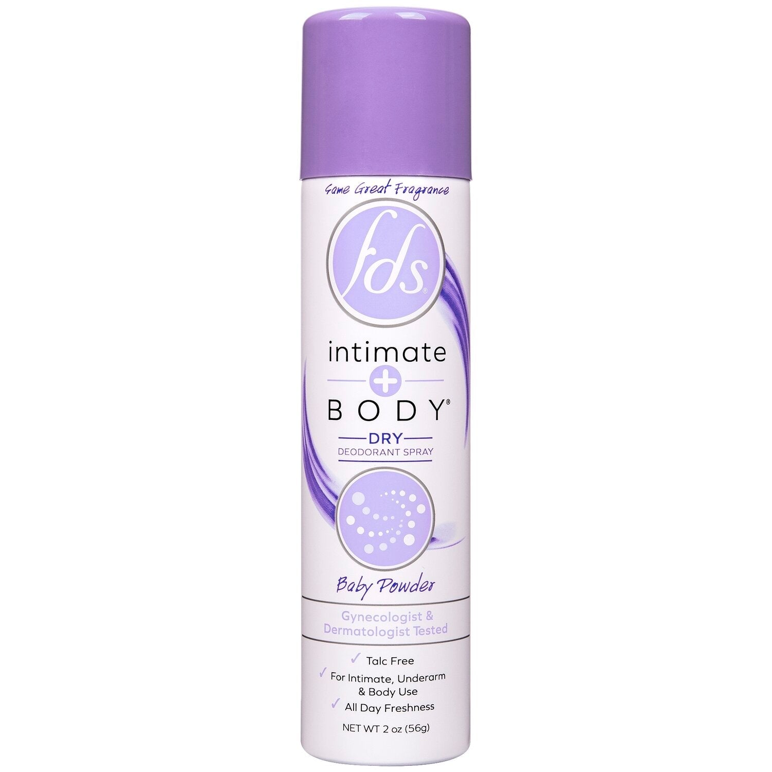 FDS Feminine Deodorant Spray in 2 oz bottle with baby powder scent, designed for feminine freshness and odor control.