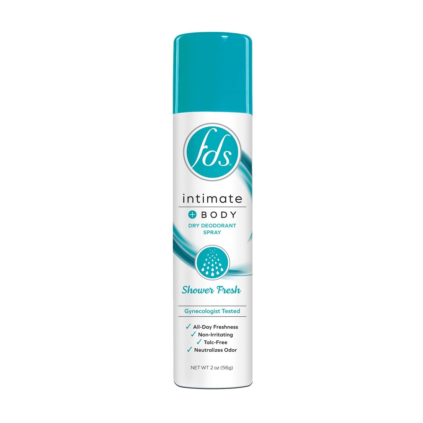 FDS Feminine Shower Fresh Deodorant Spray by Pasteur Pharmacy, 2 oz bottle, with a white and blue label, upright on a white background.