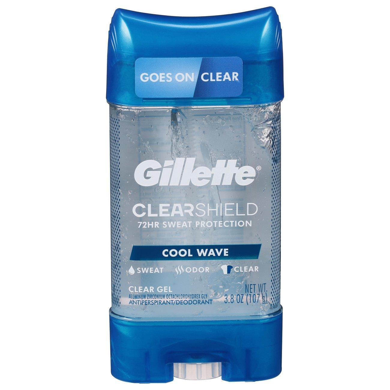 Gillette Cool Wave Clear Gel Antiperspirant and Deodorant in 3.8 oz tube, transparent gel formula for odor and sweat protection
