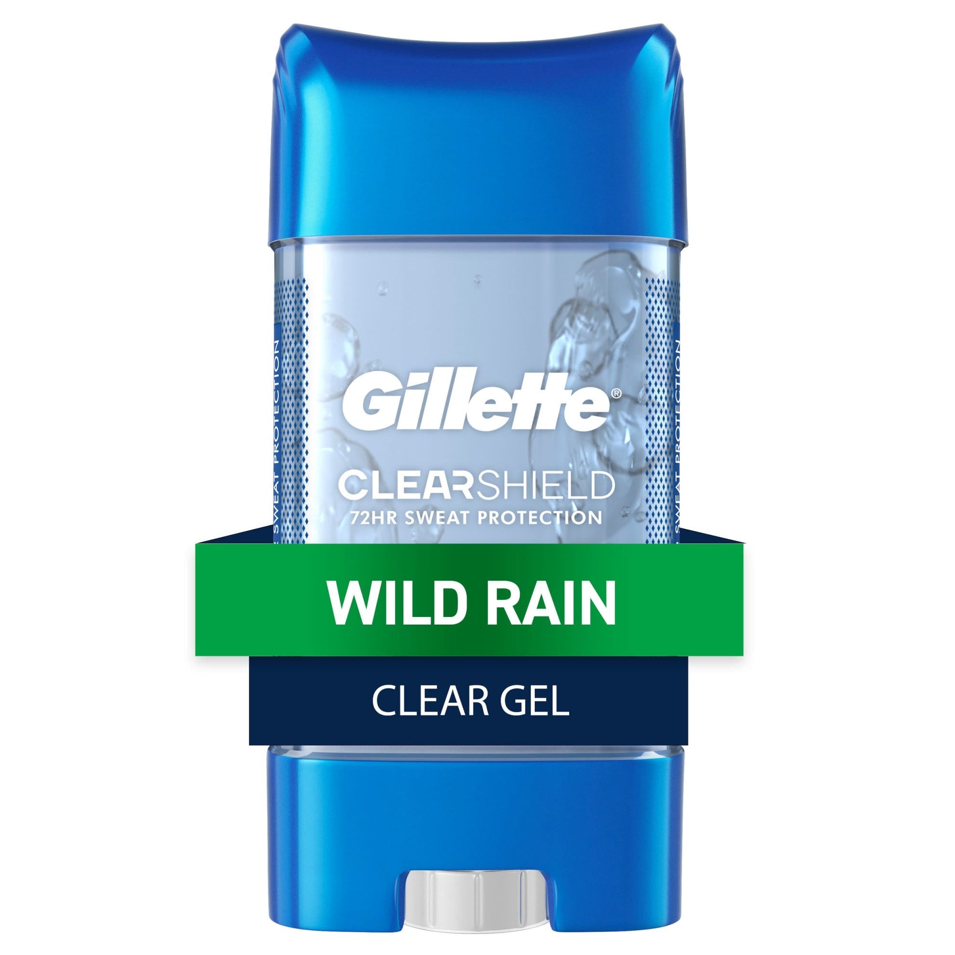 Gillette Wild Rain clear gel antiperspirant and deodorant in 3.8oz container, shown with the product packaging and branding.