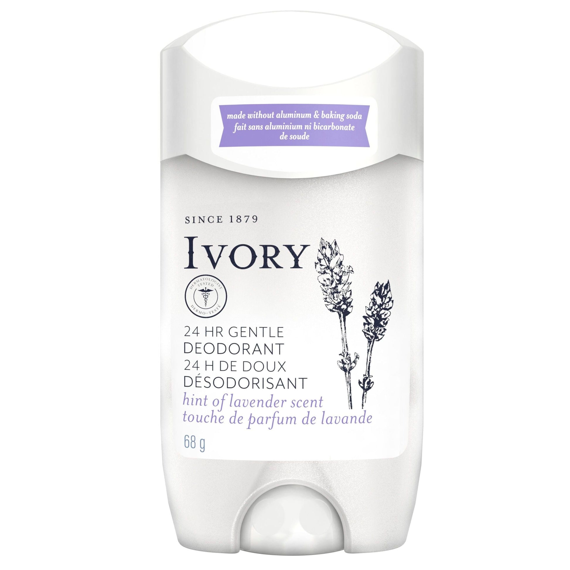 Ivory aluminum-free deodorant stick with hint of lavender, 24-hour odor protection, 2.4 oz, from Pasteur Pharmacy.