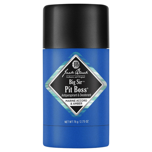 Jack Black Big Sir Pit Boss antiperspirant and deodorant stick in 2.75 oz container, natural men's grooming product.