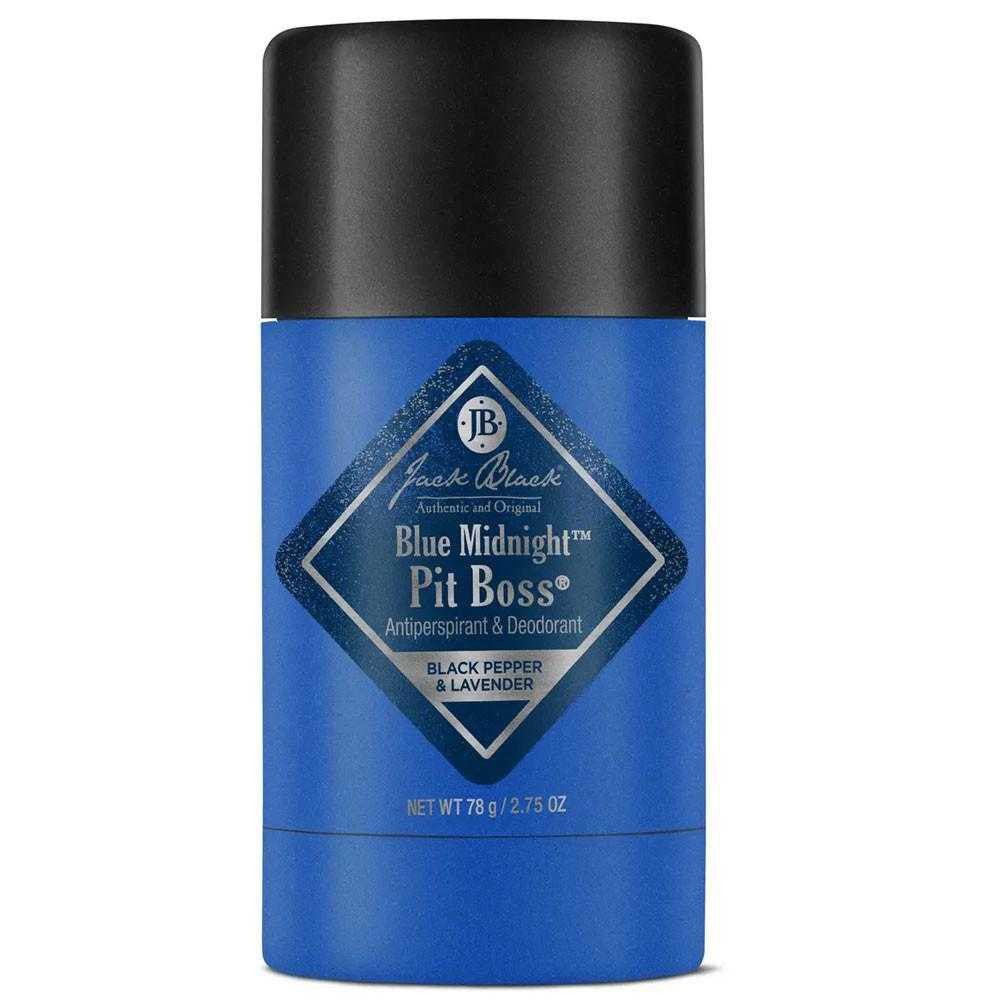 Jack Black Blue Midnight Pit Boss antiperspirant and deodorant stick, 2.75 oz, in black and blue packaging.