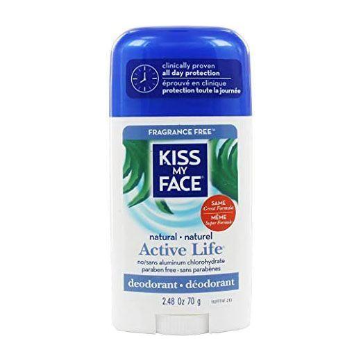 Fragrance-free Kiss My Face Active Life Stick Deodorant in a 2.48 oz white plastic container