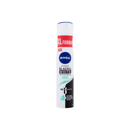 Nivea Black & White Fresh Invisible 48H deodorant spray in 200ml bottle, featuring black and white packaging.