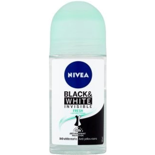 Nivea Black & White Invisible Fresh Ball Antiperspirant deodorant 50ml, antibacterial stick with clear formula for 48-hour protection.
