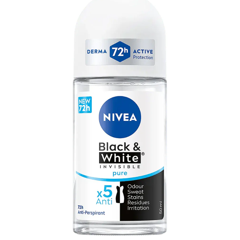 Nivea Black & White Invisible Pure Antiperspirant Deodorant 50ml, showing the sleek white bottle with black accents.