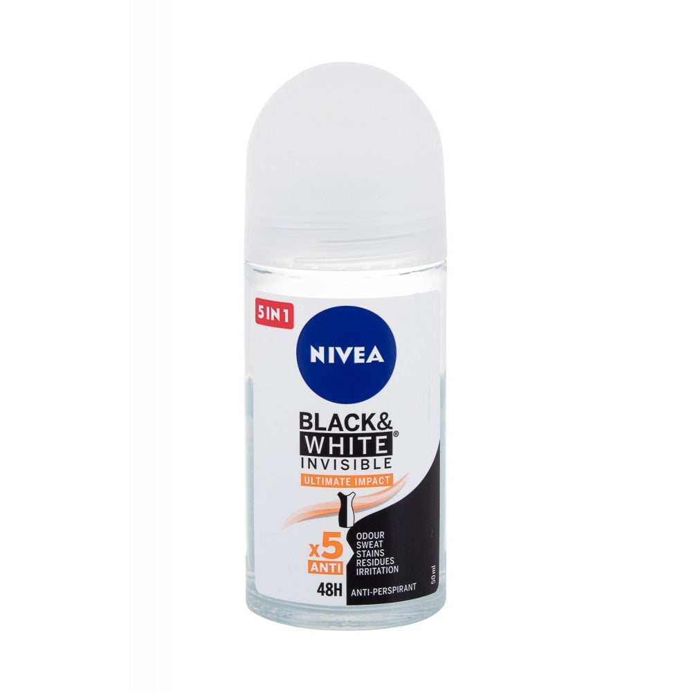 Nivea Black & White Invisible Ultimate Impact Ball Antiperspirant deodorant 50ml, black and white packaging, smooth surface