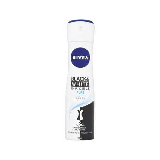 Nivea Black & White Pure Invisible 72H deodorant in 150ml spray bottle, designed for odor and stain protection.