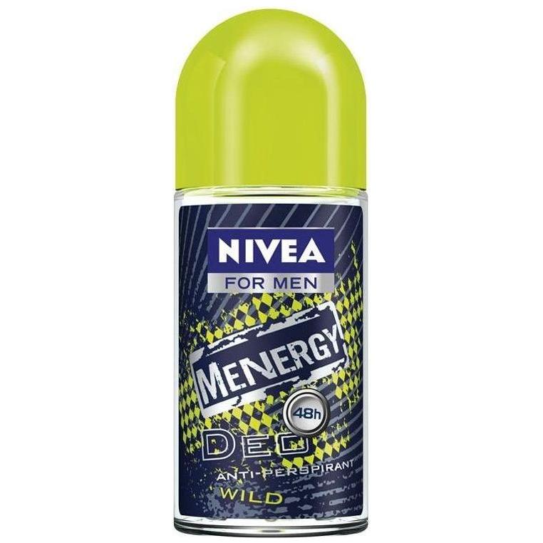 Nivea Menergy Wild Men deodorant roll-on in 50ml bottle, natural scent, with clear label and cap on a plain background.