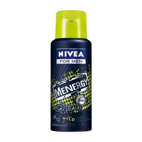 Nivea Menergy Wild Men deodorant spray in 100ml bottle, featuring masculine scent and aerosol spray application.