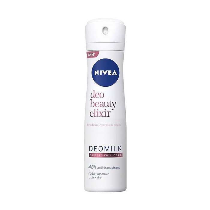 Nivea Beauty Elixir Sensitive deodorant spray in 150ml bottle, featuring a sleek design and clear label.