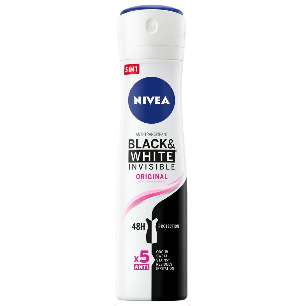 Nivea Invisible Black & White Deodorant Spray in 150ml, clear formula for effective odor protection from Pasteur Pharmacy